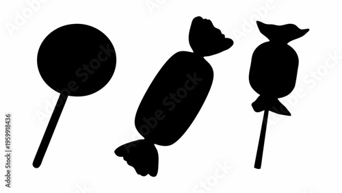 Silhouette of assorted candies including lollipop and wrapped sweets on white background
