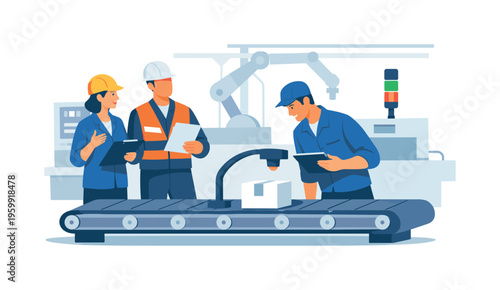 Industrial production workflow scene showing factory workers supervising an efficient manufacturing line to ensure consistent product output and quality control, with a character