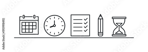 Time blocking method and structured daily schedule for organizing focused work sessions and reducing multitasking distractions, calendar page, clock, checklist sheet, pencil, and