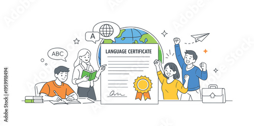 An education and career advancement scene focused on obtaining a language certificate as a milestone for professional growth, showing a small group of people preparing for an exam