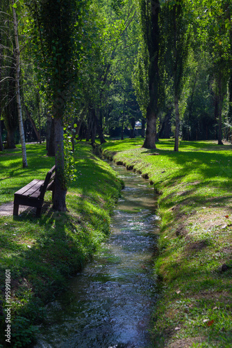 Natural scene from the Clitunno Springs in Umbria, featuring a shaded stream, grassy banks, and a wooden bench.
