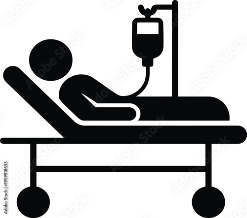 Silhouette of a patient on a hospital gurney with an iv drip, vector illustration on transparent background
