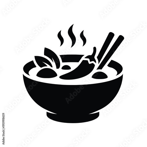 A black and white graphic icon of a steaming hot bowl of spicy asian soup with chili and chopsticks