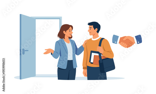 A business onboarding and new employee integration scene showing a welcoming team leader guiding a newcomer beside a simple open door and a handshake symbol, representing smooth