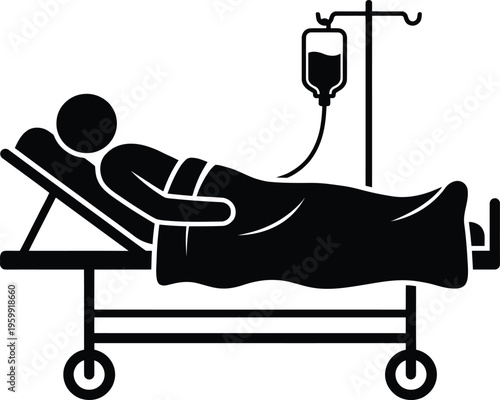 Silhouette of a patient on a hospital gurney with a blanket and an iv drip, vector on transparent background