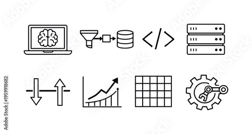 AI model training: laptop with brain, data pipeline, code brackets, server stack, optimization chart, input output arrows, matrix grid, automation gear