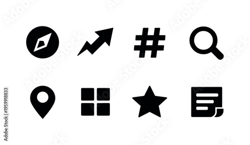 Social content discovery: explore compass, trending arrow, hashtag symbol, search icon, location pin, category grid, recommendation star, feed scroll