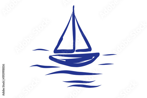 Sea Boat  Line Art Illustration. Abstract Ink Yacht Contour Drawn Artwork. Imperfect Brush Stroke Painted Pattern. Felt-tip Pen Outline Contour Drawn Card Invitation Poster Print	