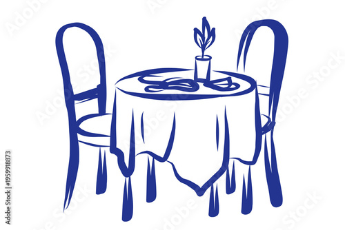 Table and Chairs  Line Art Illustration. Abstract Ink Contour Drawn Artwork. Imperfect Brush Stroke Painted Pattern. Felt-tip Pen Outline Contour Drawn Card Invitation Poster Print	