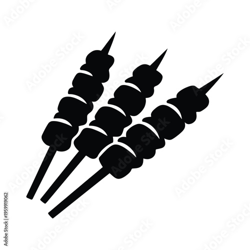 A minimalist black silhouette vector icon representing three skewers of grilled meat or vegetables