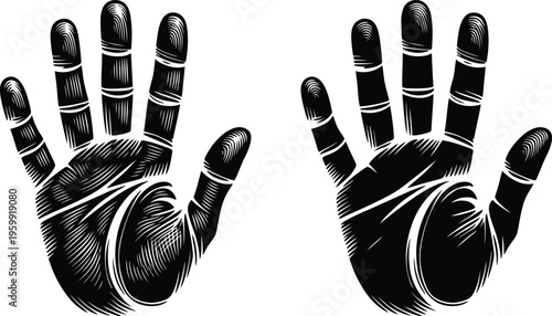 Pair of black hand silhouettes with detailed shading, palms facing forward, representing stopping or high five gesture.