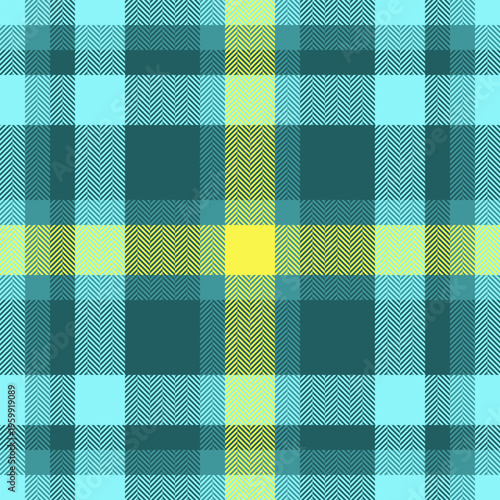 Neat seamless vector texture, 1940s check fabric textile. Choice plaid tartan background pattern in cyan and yellow colors.