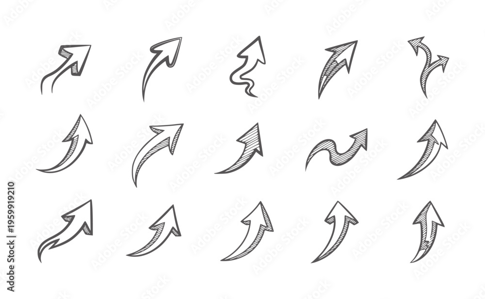 Fototapeta premium Collection of hand drawn style arrows pointing upwards and in curves doodle direction