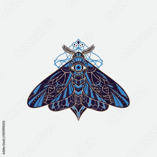 A vibrant blue and gold moth with an eye-like pattern on its thorax against a white background.