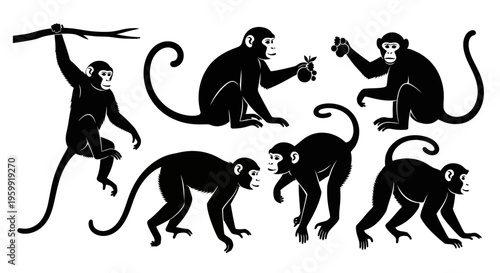 Silhouette Collection of Playful Monkeys Swinging and Eating Fruit in Jungle
