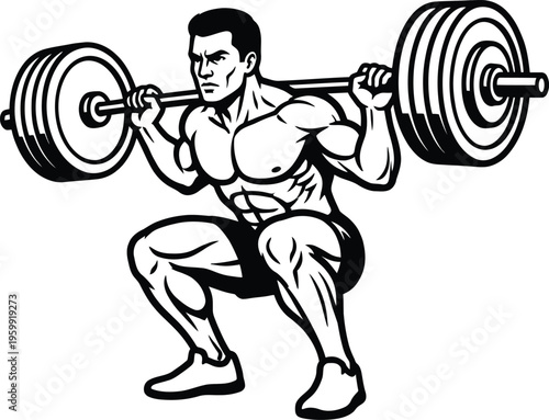 Dynamic side view of muscular man performing deep barbell squat exercise vector black and white graphic illustration