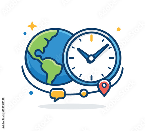 Remote collaboration across time zones focused on coordinating global teams and maintaining productivity despite distance, a world globe combined with a clock and a small