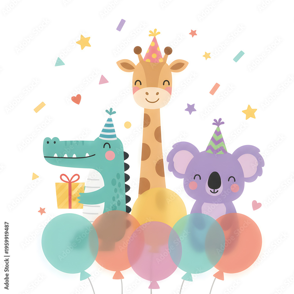 Fototapeta premium Cute cartoon animals celebrating a birthday party with balloons and confetti