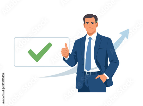 A professional decision confidence and final approval moment scene showing a composed executive confirming direction beside a simple checkmark panel and a minimal upward arrow