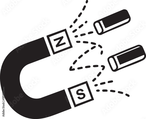 Magnetic attraction occurs between a horseshoe magnet and two small magnets