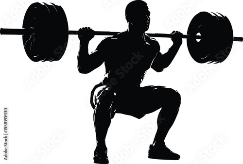 Silhouette of a man weightlifting, performing a squat with a heavy barbell across his shoulders, powerful exercise