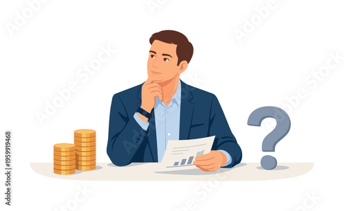 A business opportunity evaluation and investment consideration scene showing a thoughtful professional comparing options beside a simple coin stack and a minimal question mark