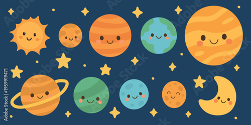 System space sun with planet solar cute and cartoon vector moon. Earth celestial drawing with kawaii system character and galactic logo milky. Pixel universe system with kid jupiter planet