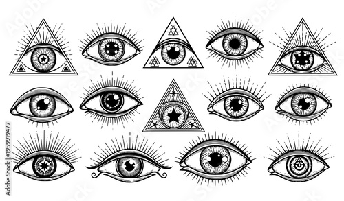 Mystical all-seeing eye symbols vector illustration in black and white engraving style isolated on white