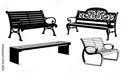 Stylized outdoor benches vector illustration with wooden, metal, and decorative park seating isolated on white