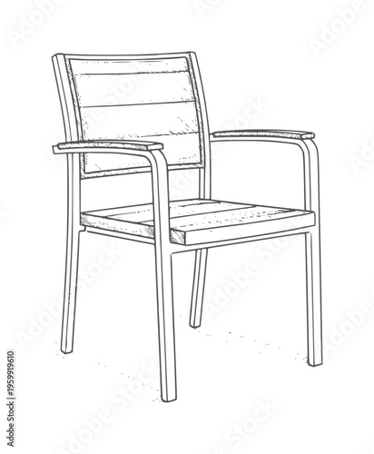 Hand drawn of a modern outdoor armchair with slatted seat and back furniture