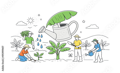 Agricultural workers caring for banana plants through watering and maintenance activities in a calm rural landscape, illustrated by a large banana leaf paired with a watering can