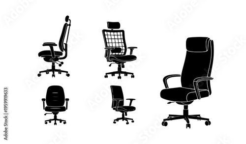 Minimal office chair vector icon set with ergonomic, swivel, and mesh chairs flat silhouette illustration