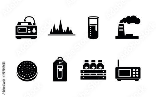 Environmental laboratory analysis: air sampling pump unit, spectrometry peak graph, water turbidity tube, filter membrane disc, emission stack monitor, sample labeling tag