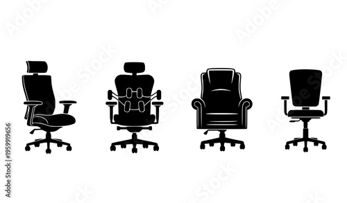 Office chair silhouette vector set with various types of ergonomic, swivel, and desk chairs isolated on white background