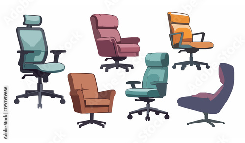 Stylized office chair vector set with ergonomic, swivel, and executive chairs silhouette illustration on white background