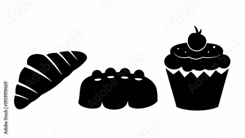 Silhouette of assorted sweet bakery treats including croissant muffins and cupcake with cherry on top