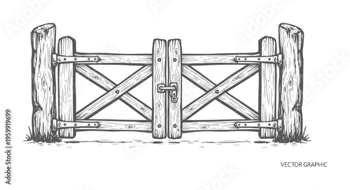 Rustic wooden farm gate with metal latch and grass detail