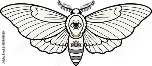 A detailed black and white illustration of a moth with spread wings and distinctive eye-like markings on a clean white background.