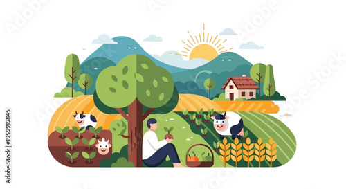 Sustainable Rural Farm Life Illustration with Farmer Planting Seedling, Cows, Fields, and House in a Green Landscape