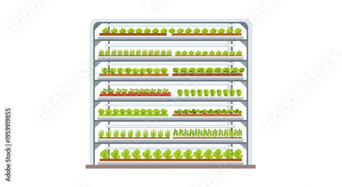 Vertical Farming System with Hydroponic Plants and LED Grow Lights - Modern Urban Agriculture and Sustainable Food Production Illustration
