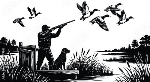 Duck hunting scene silhouette with hunter aiming shotgun at flying birds near lake shore with dog and marsh vegetation.