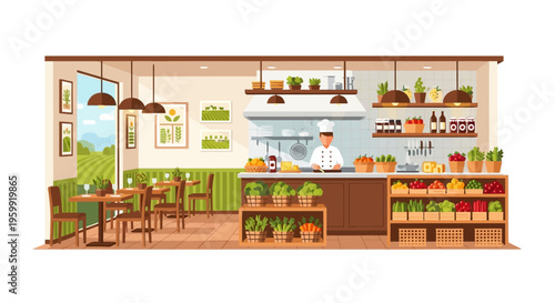 Healthy Farm-to-Table Restaurant & Kitchen with Chef and Fresh Produce Vector