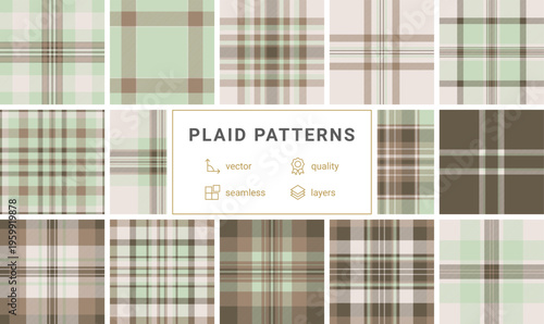 Sophisticated sage green and earthtoned brown plaid seamless pattern. A timeless tartan texture perfect for rustic home decor, elegant textile designs, and classic digital backgrounds.