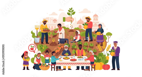 Diverse Community Engaged in Sustainable Farming, Harvesting, and Shared Meals Illustration