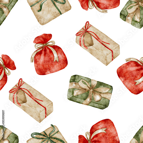 Watercolor christmas gift boxes seamless pattern background.
