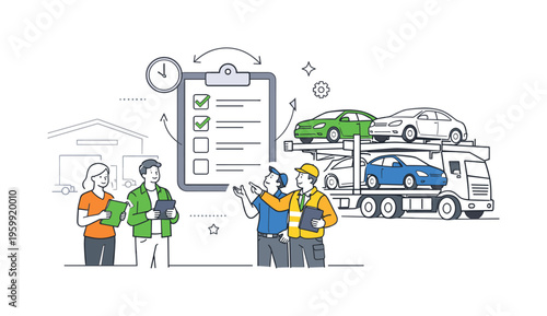 An automotive logistics environment where professionals manage the loading and transport of multiple vehicles using specialized carrier trucks for efficient distribution