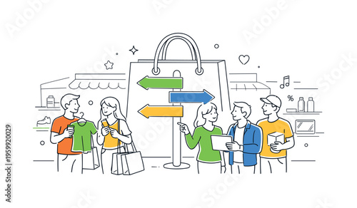 People browsing products and comparing options in a spacious retail center with multiple stores, symbolized by a shopping bag combined with a simple directional sign as the core