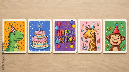 Birthday cards with animals and cake.