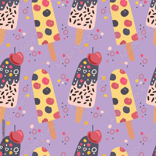 Seamless pattern of a fruit ice cream on a stick, made in a naive handmade style. Various shapes and patterns, fruits and berries, chocolate icing, and decorative elements. For packaging, wrapping