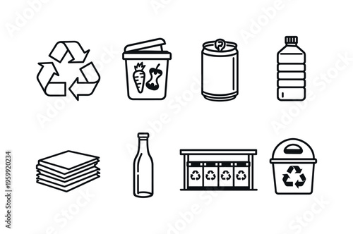 Recycling and waste sorting: recycle arrows, organic waste bin, metal can, plastic container, paper stack, glass bottle, sorting station, eco bin